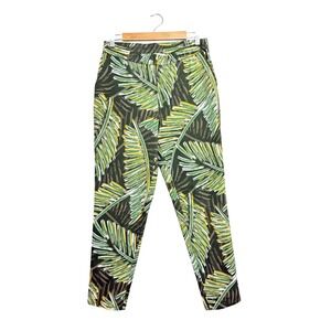 Lemon Way Tropical Palm Leaf Print Pull‎ On Tapered Pants Green Yellow Womens 10